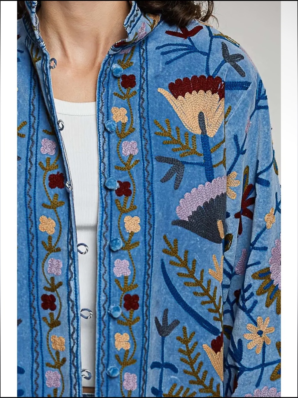 POL Denim Blue Cotton Velvet Embroidered Floral Suzani Jacket - Picture 5 of 6